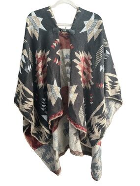 Aldo Black Aztec Patterned Poncho with Red & Cream Accents Western Boho US OS